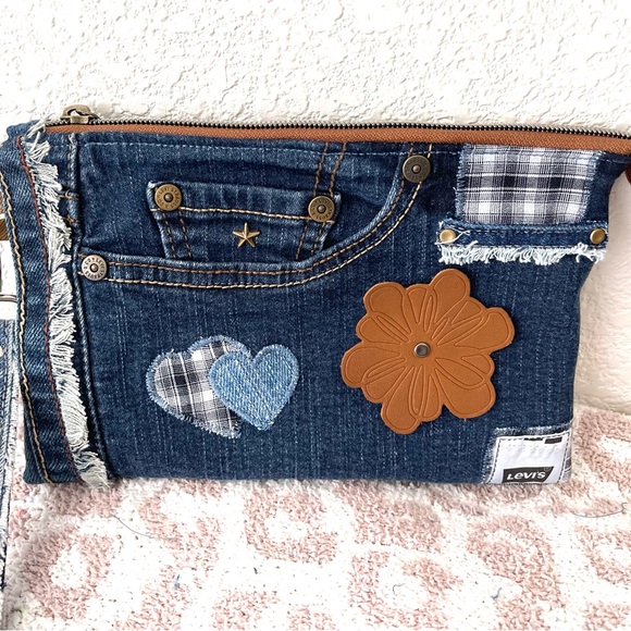 Bohemian Unique One-of-a-Kind Denim Patchwork Clutch with removable Wrist Handle - Picture 9 of 16